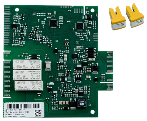 Schaltungsträger mit verschiedenen elektronischen Komponenten und Relais, geeignet für Heizsysteme von Wolf. Enthält zwei Temperaturfühler.